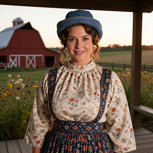 Photograph of a smiling woman in a floral blouse, blue hat, and patterned apron, standing on a porch at sunset with a red barn