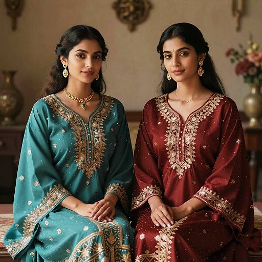 Photograph of two Indian women in traditional salwar kameez, one in turquoise with gold embroidery, the other in maroon, both with long
