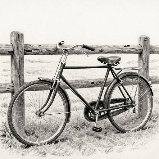 Black and white drawing of a classic bicycle with a leather saddle, leaning against a rustic wooden fence in a grassy field.