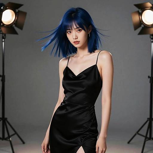 Fashion Influencer with Midnight Blue Hair in Black Silk Dress