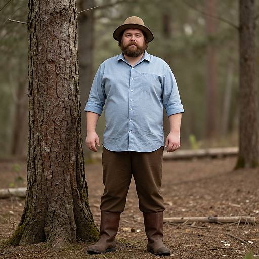 Photograph of a bearded man with light skin, wearing a light blue shirt, brown pants, brown boots, and a green hat, standing in
