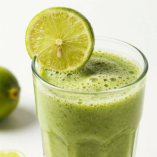 Photograph of a green lime smoothie in a glass with a lime wedge on the rim, frothy texture, and a blurred lime in the background