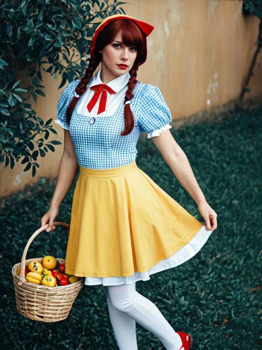 Woman in Dorothy cosplay costume with basket of fruit