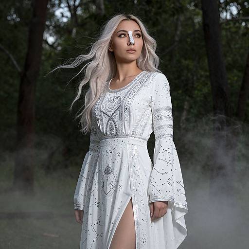 Photograph of a blonde woman with long wavy hair, wearing a white, lace, long-sleeve dress with a thigh-high slit, standing