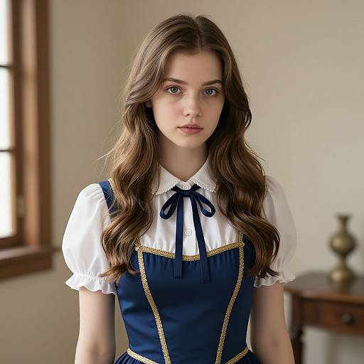 Photograph of a young woman with long brown wavy hair, wearing a white blouse with navy blue pinafore dress, standing indoors near a wooden
