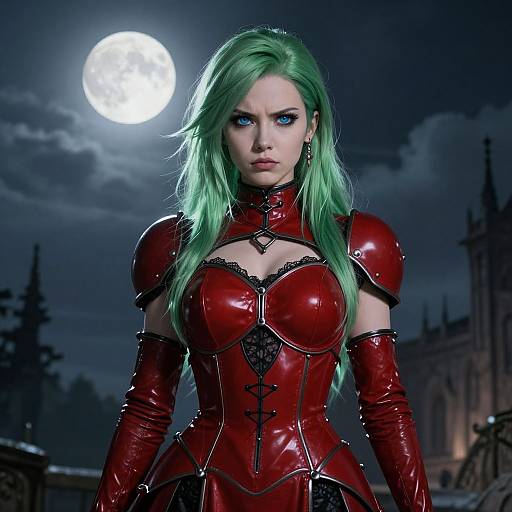 Digital art of a fierce woman with green hair, blue eyes, and red armored dress, standing under a full moon in a Gothic city.