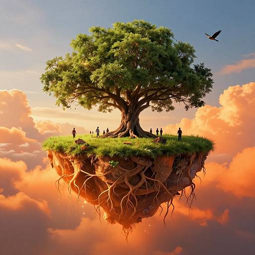 Digital art: Floating, vibrant tree island with green grass, roots, silhouetted people, orange clouds, bright sunset, and flying bird.