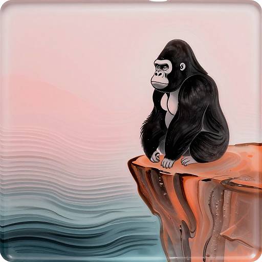 Digital illustration of a contemplative black-furred gorilla sitting on a red-orange cliff, gazing at the calm, wavy blue ocean under a
