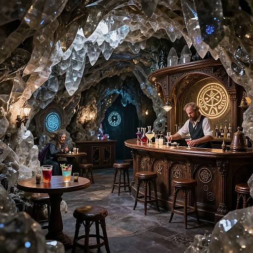 Photograph of a dimly-lit, cave-like bar with icicle decorations, wooden bar, and two bartenders serving patrons at round tables.