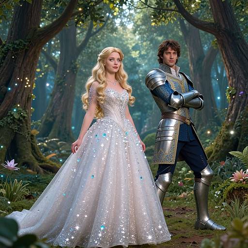 Digital fantasy artwork of a blonde princess in a sparkly white gown and a dark-haired knight in silver armor standing in a magical forest with glowing fireflies