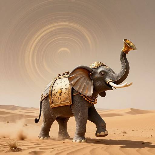 Digital artwork of a regal, golden-adorned elephant in a desert, holding a brass vessel aloft, with a swirling, mystical background.