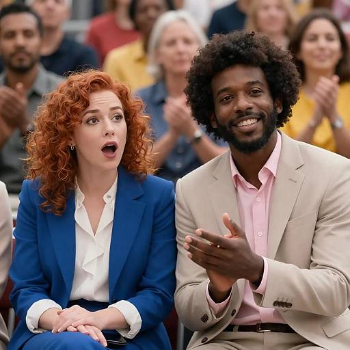 Surprised Woman and Smiling Man in Crowd