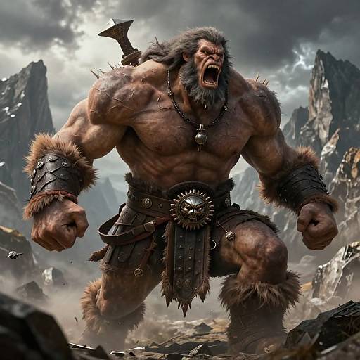 Digital artwork of a fierce, muscular, bearded ogre with fur loincloth and arm cuffs, roaring in a rocky, cloudy mountain landscape.