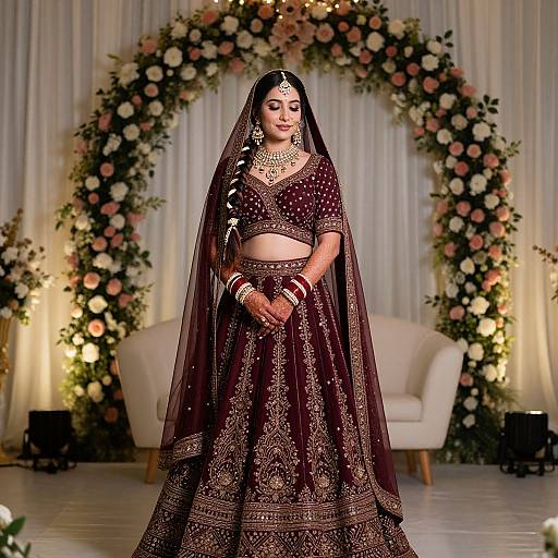 Photograph of a beautiful South Asian bride in a maroon, gold-embroidered traditional outfit, standing in front of a floral arch with soft