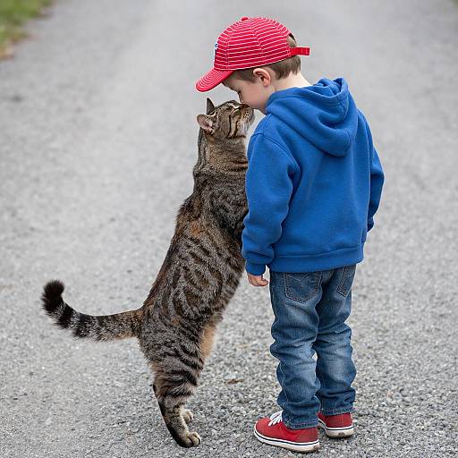 Boy and Tabby Cat Nuzzling on Gravel Path