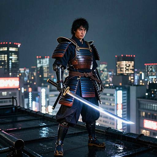 Futuristic Samurai on Neon Rooftop