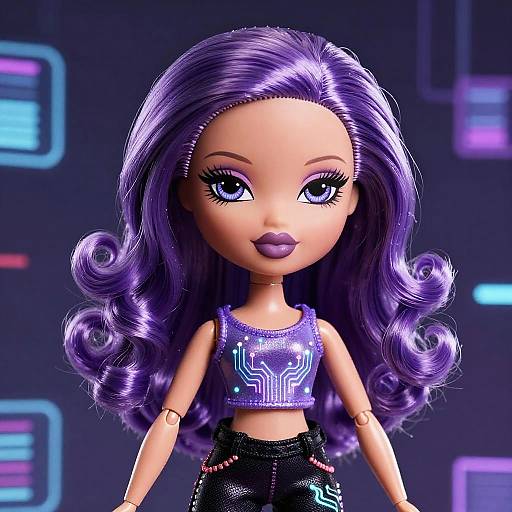 Photorealistic digital doll with large purple eyes, glossy purple curly hair, wearing a neon blue crop top and black sequined pants, set against a