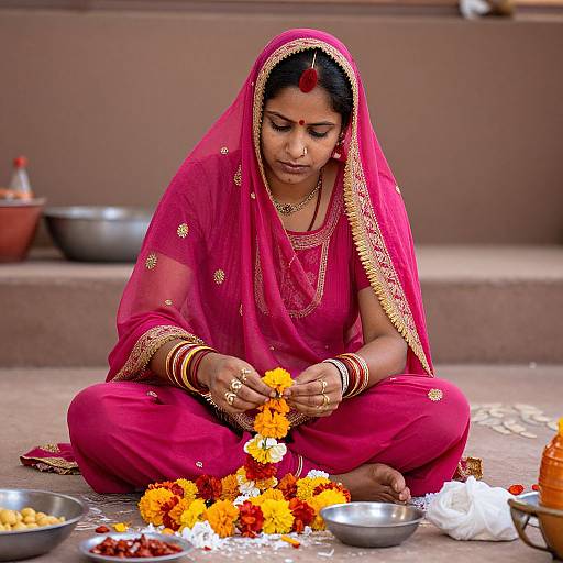 Indian Woman Making Garlands in Ajmer