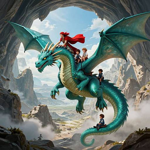 Digital artwork of a teal dragon with four riders, including a red-cloaked person, flying through a mountainous, misty cave opening.