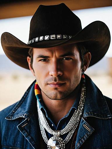 Man Wearing Rhinestone Cowboy Hat and Jewelry