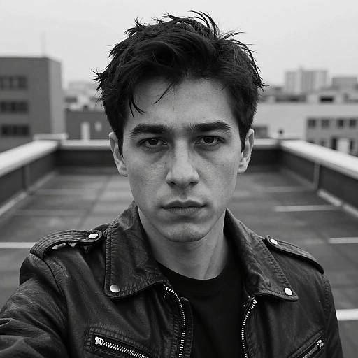 Black-and-white photograph of a serious young man with messy dark hair, wearing a leather jacket, standing on a rooftop with blurred city buildings in the background