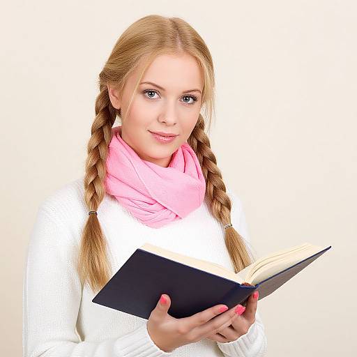 Photograph of a young blonde woman with braided hair, wearing a white sweater and pink scarf, holding an open black book. She smiles softly,