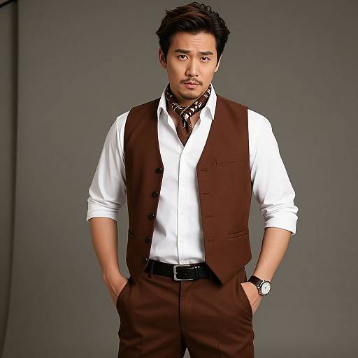Photograph of a young Asian man with short black hair, wearing a white shirt, brown vest, and matching pants, with hands in pockets, gray
