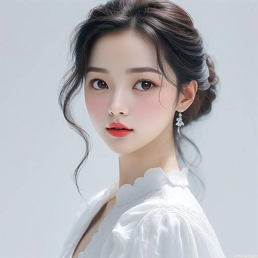 Digital portrait of a young Asian woman with fair skin, dark hair in a loose bun, wearing a white blouse and star earrings, against a soft blue