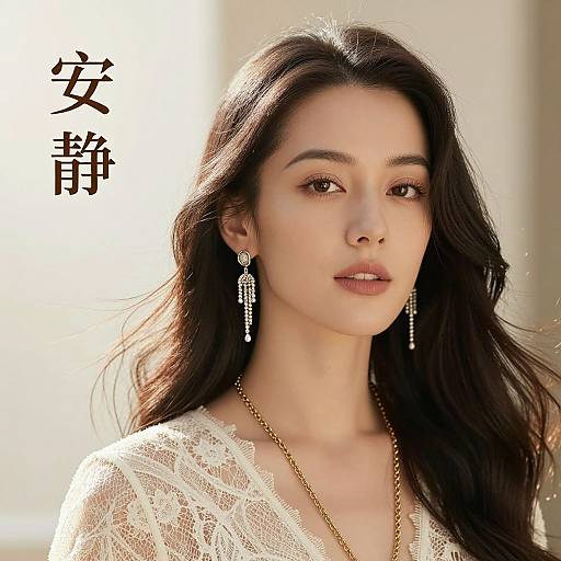 Photograph of an East Asian woman with long dark hair, wearing lace top, gold necklace, and dangling earrings, with Chinese characters on the left.