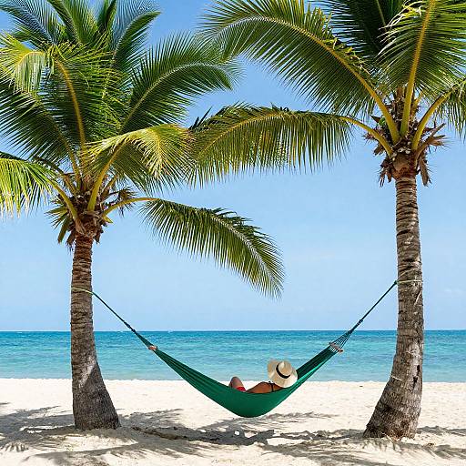Photograph: Tropical beach scene with two tall palm trees, green hammock, person in sunhat and sandals relaxing, clear blue sky, turquoise ocean