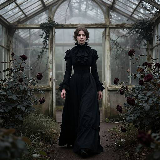 Photograph of a gothic woman with pale skin and dark hair, wearing a black, ruffled Victorian dress, standing in a dim, overgrown