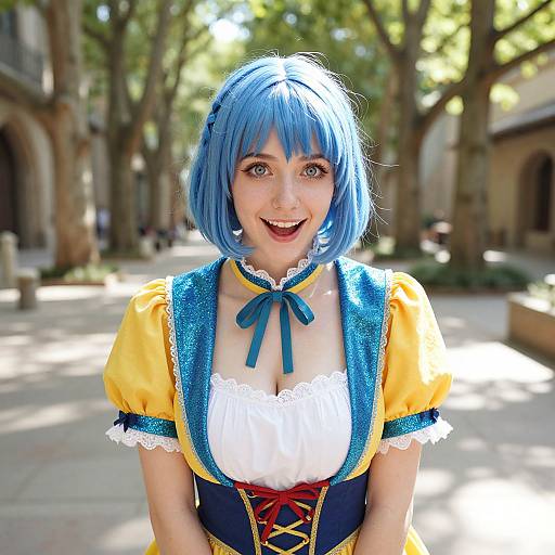 Photograph of a smiling woman with blue bob wig, wearing a yellow and blue Renaissance-style dress, in a sunlit, tree-filled courtyard.