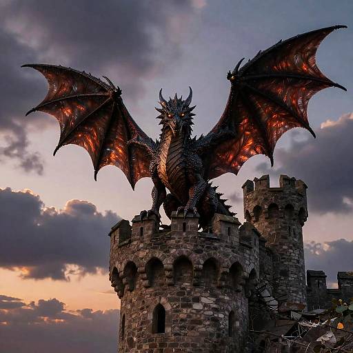 Photograph of a fierce, dark dragon with glowing orange wings perched atop a ruined stone castle against a dramatic, sunset sky.