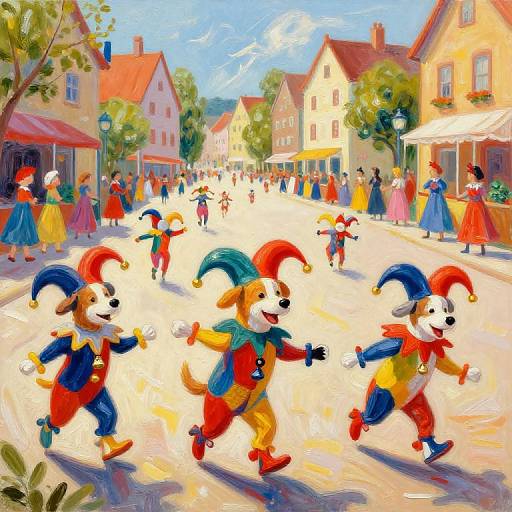Vibrant digital painting of a street festival with jester-dressed dogs dancing, colorful buildings, and people in period clothes under a bright blue sky