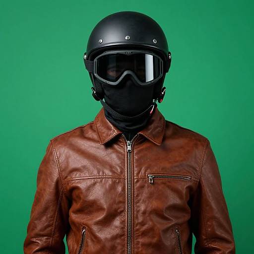 Person in Brown Leather Jacket with Helmet