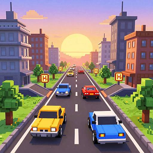Pixel art of a sunset city street with colorful cars, buildings, trees, and road signs, featuring vibrant, blocky graphics.