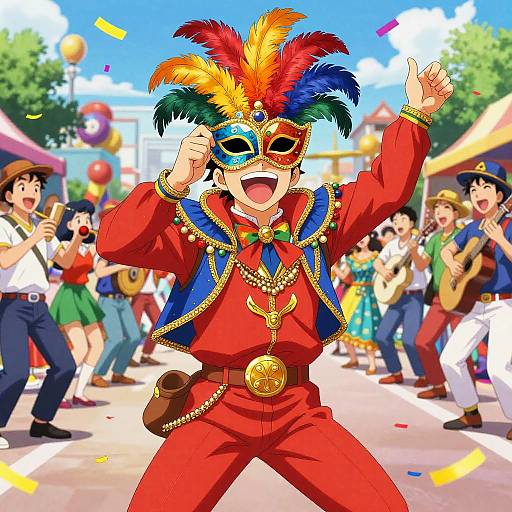 Colorful carnival scene: Male in red outfit with feathered mask and sunglasses, dancing energetically; musicians and spectators in background. Bright, festive