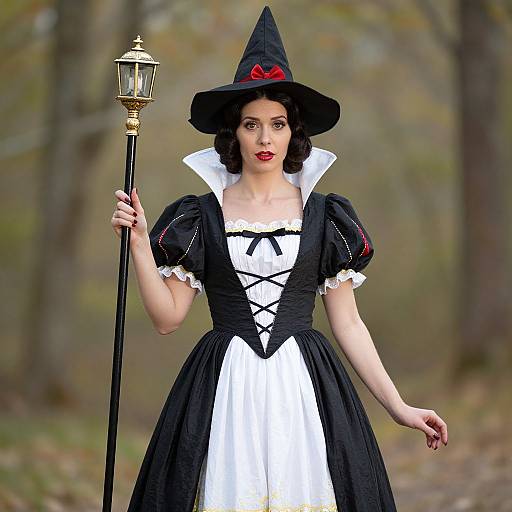 Photograph of a fair-skinned woman with red lips, wearing a black witch hat with red bow, black and white puffed-sleeve dress