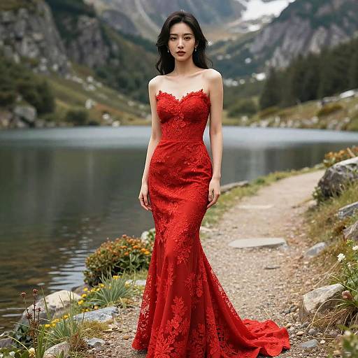 Elegant Woman in Red Lace Gown