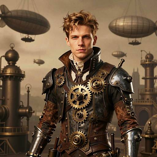 Steampunk male with tousled brown hair, wearing leather and steel armor with large gears, in a vintage industrial skyship backdrop. Photorealistic