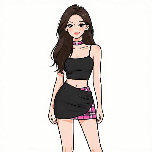 Digital anime-style drawing of a young woman with long dark brown hair, wearing a black crop top and a black skirt with pink plaid edges, standing