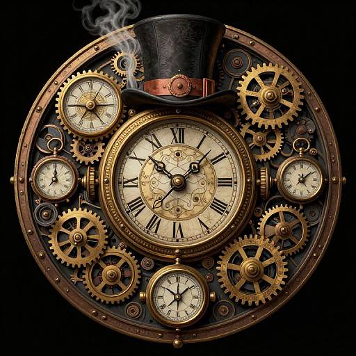 Steampunk clock with brass gears, multiple circular dials, Roman numerals, a black top hat, and a red bow tie against a black