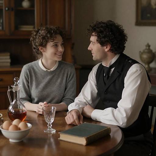 Sunlit Victorian Couple at Wooden Table