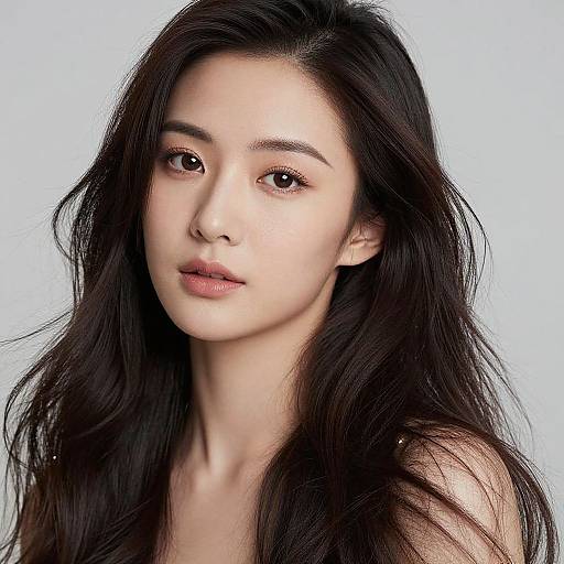 Photograph of a young Asian woman with long, wavy black hair, fair skin, and subtle makeup, gazing directly at the camera against a