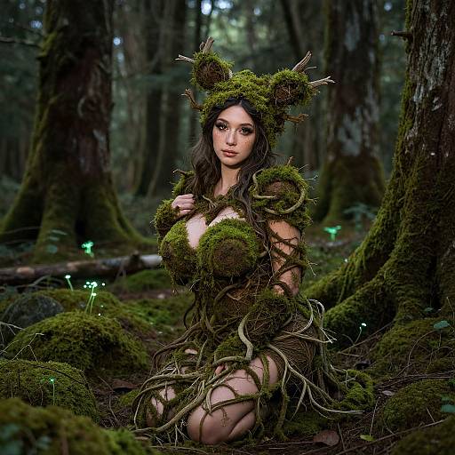 Photograph of a fair-skinned woman with long dark hair, kneeling in a mossy forest. She's adorned with moss and twigs, creating