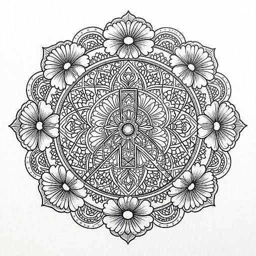 Detailed black and white line drawing of an intricate, circular mandala featuring large, symmetrical flowers with intricate petals and patterns.