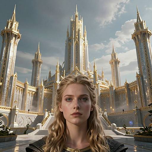 Photorealistic digital artwork of a blonde, fair-skinned woman with wavy hair, serious expression, standing before a grand, golden, Gothic-style