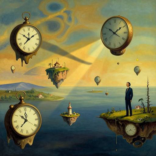 Surreal painting: Man in suit stands on floating island, surrounded by giant clocks, hot air balloons, and floating lighthouse, with sunset sky