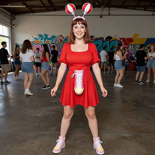 Photograph of a smiling woman in a red dress, white laced front, bunny ears, and pink sneakers, standing in a graffiti-covered warehouse with