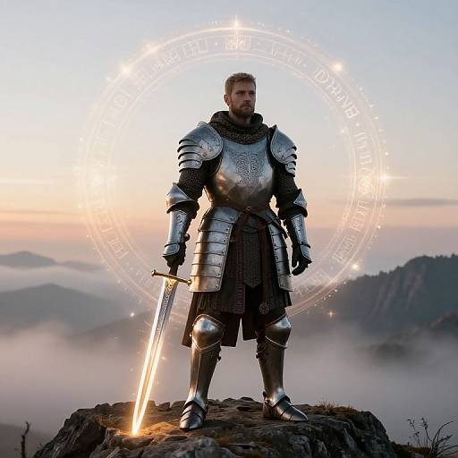 Photograph of a muscular, bearded man in silver medieval armor with glowing sword, standing on rocky peak at sunrise, surrounded by magical circular light effects
